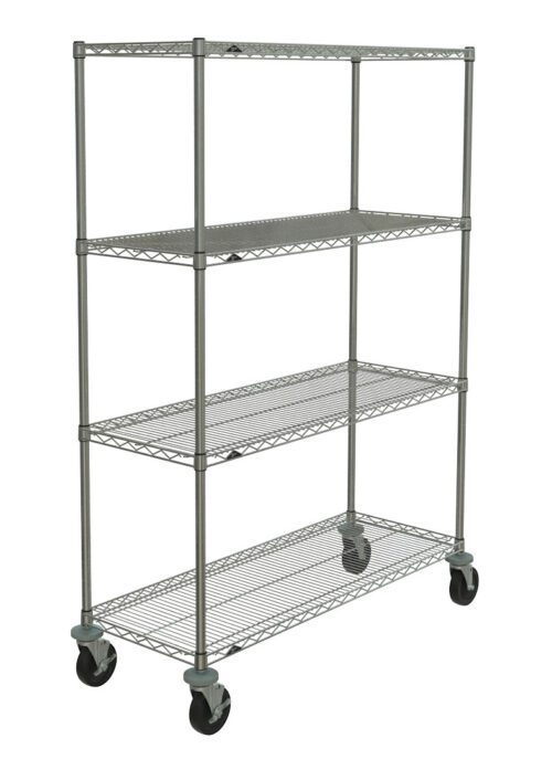 The Metro N356BBR Super Erecta is a 67.875 tall, four-shelf industrial wire shelving unit with Brite finish, measuring 18 x 48. It features vertical metal rods for support and black swivel casters for enhanced mobility.