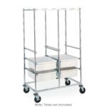 The Metro PT2C-5M Double-Bay Tote Rack, measuring 26 x 41.75 x 68, features resilient rubber casters and vertical supports. Its designed for storage totes, though totes arent included; two white plastic totes sit on the lower racks.