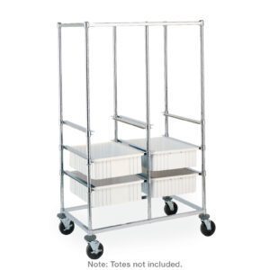 The Metro PT2C-5M Double-Bay Tote Rack, measuring 26 x 41.75 x 68, features resilient rubber casters and vertical supports. Its designed for storage totes, though totes arent included; two white plastic totes sit on the lower racks.