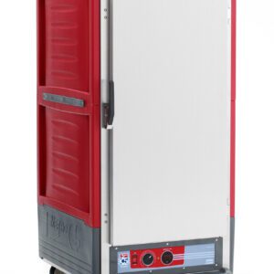 The Metro C537-HXFS-L C5 3 Series insulated holding cabinet is a red, 3/4 height cart with a full-length solid door, control panel, side handles, bottom logo, and wheels. It uses lip load aluminum slides and operates on 220-240V, 50/60Hz to keep food warm during transport.