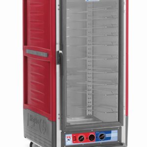 The red Metro C537-MFC-U C5 3 Series Cabinet, 3/4 height with a full-length clear door, reveals multiple shelves and features wheels, temperature knobs, and control buttons at the bottom. It operates efficiently at 120V, 60Hz.