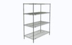 The Metro N556C Super Erecta Shelving Unit features chrome wire shelves and measures 24 x 48 x 63. It has a sturdy frame with evenly spaced tiers on four legs, set against a plain white backdrop.