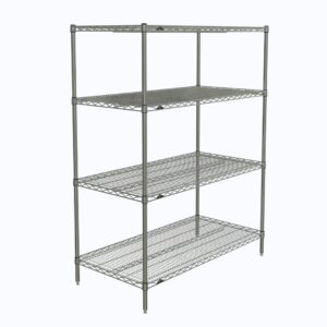 The Metro N556C Super Erecta Shelving Unit features chrome wire shelves and measures 24 x 48 x 63. It has a sturdy frame with evenly spaced tiers on four legs, set against a plain white backdrop.