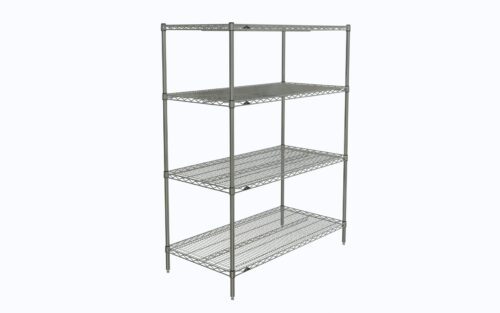 The Metro N556C Super Erecta Shelving Unit features chrome wire shelves and measures 24 x 48 x 63. It has a sturdy frame with evenly spaced tiers on four legs, set against a plain white backdrop.