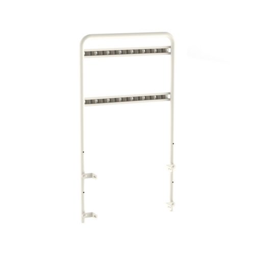 The Metro FL510 Flexline Overbridge with 2 Hanger Rails is a white metal bed grab bar featuring two horizontal support rails to help individuals get in and out of bed. It includes adjustable clamps for secure attachment to a bed frame.