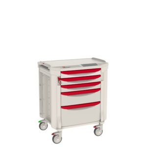 The Metro FLP31100 Flexline Medical Cart features a sleek gray design with five red pull-out drawers and caster wheels. Its flat top and convenient handle ensure easy maneuverability, making it essential for medical professionals.