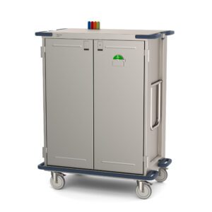 The Metro CaseVue CV36HS-NBFH-W2 is a stainless steel surgical case cart with solid doors, swing-up handle, and pullout wire shelves. It measures 45.5W x 28D x 58.25H and features four wheels and color flags for organized storage in healthcare settings.