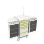 Meet the Metro SXRSIV Starsys IV Therapy Cart: a refined medical cart offering efficient storage with multiple drawers and compartments. It features an adjustable IV pole, easy-glide wheels for mobility, and a stylish white design with green accents for seamless healthcare delivery.
