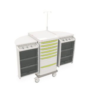 Meet the Metro SXRSIV Starsys IV Therapy Cart: a refined medical cart offering efficient storage with multiple drawers and compartments. It features an adjustable IV pole, easy-glide wheels for mobility, and a stylish white design with green accents for seamless healthcare delivery.
