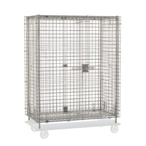 The Metro SEC55S-HD Super Erecta is a stainless steel wire cage, 28.0625 x 50.5 x 62, with a lockable door, perfect for secure containment or transport. Although the dolly and casters are not included, it can easily be mounted for smooth mobility and offers sturdy reliability.