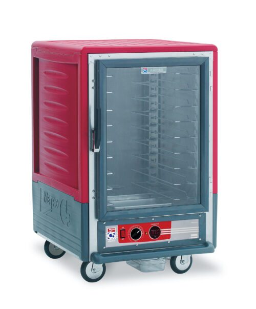 The Metro C535-HXFC-U C5 3 Series Insulated Holding Cabinet is a red wheeled unit operating at 220-240V, 50/60Hz. It includes a full-length clear door, universal wire slides for multiple shelves, and a bottom control panel with knobs and digital display.