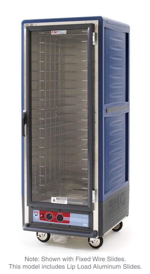 The Metro C539-HFC-L-BUA C5 3 Series Insulated Holding Cabinet is a tall, blue unit on wheels with a full-length clear glass door. It features lip load aluminum slides and operates at 120V, 60Hz, and 2000W. The bottom control panel has various knobs and gauges.