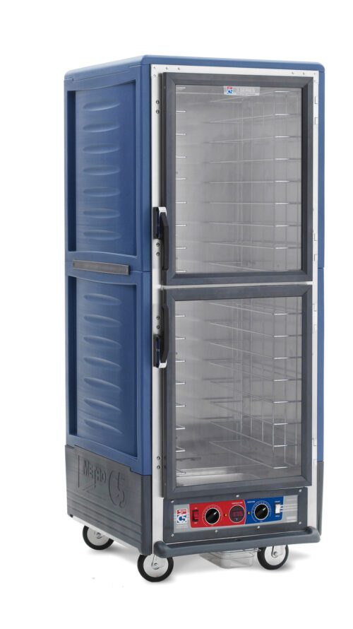 The Metro C539-CLDC-4-BUA is a full-height, blue insulated holding/proofing cabinet with Dutch Clear Doors and fixed wire slides. It features wheels for mobility, multiple shelves, control knobs, a digital display on the lower front panel, and operates at 120V and 1440W.