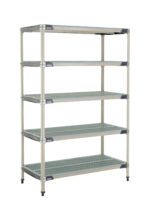 The MetroMax i 5-Shelf Industrial Shelving Starter Unit, model 5X557GX3, measures 24 x 48 x 74 and features ventilation slots on each shelf. With four corner posts and adjustable feet for stability, its sleek design is ideal for storage or organizational needs.