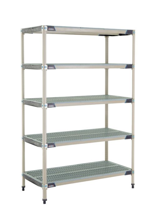 The MetroMax i 5-Shelf Industrial Shelving Starter Unit, model 5X557GX3, measures 24 x 48 x 74 and features ventilation slots on each shelf. With four corner posts and adjustable feet for stability, its sleek design is ideal for storage or organizational needs.