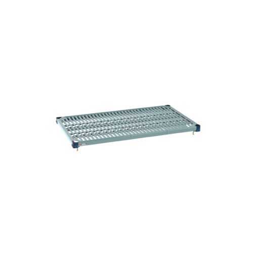 The MetroMax Q MQ2442G Plastic Industrial Shelf, 24 x 42, with a grid mat is a sturdy rectangular shelf ideal for heavy-duty use in industrial or warehouse settings. Equipped with adjustable legs and corner wheels.