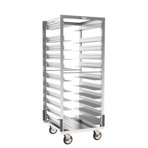 The Metro RF78NA37 Roll-In Refrigerator Rack measures 24.875 x 27 x 64.5, featuring gray corner bumpers and multiple shelves for trays or pans. Its tall metallic design with wheels blends seamlessly into any setting with an open structure and a white background.