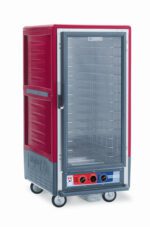 The Metro C537-MXFC-4 C5 3 Series warming cabinet is a mobile, insulated unit with a full-length clear door and fixed wire slides, operating at 220-240V. Ideal for keeping food warm, it offers convenience with its mobility and effective temperature control.