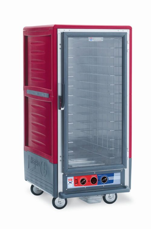 The Metro C537-MXFC-4 C5 3 Series warming cabinet is a mobile, insulated unit with a full-length clear door and fixed wire slides, operating at 220-240V. Ideal for keeping food warm, it offers convenience with its mobility and effective temperature control.