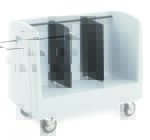 The Metro A110 Divider Assembly for the Side-Load Polymer Dish/Tray Cart enhances a white mobile cart with wheels, featuring two vertical black dividers in the middle for efficient item organization.