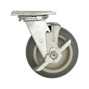 The Metro C6DBA 6 High Modulus Donut Swivel/Brake C-Plate caster for truck dollies features a gray rubber tire, metallic mounting plate, and locking mechanism, ideal for industrial use and displayed on a plain white background.