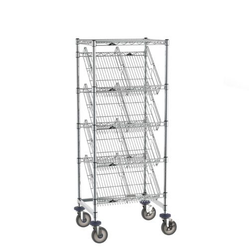 The Metro DC15EC Super Erecta Slanted Shelf Rack features an 18 x 24 silver metal storage unit with one flat and four slanted wire shelves for easy access, and swivel caster wheels for mobility.