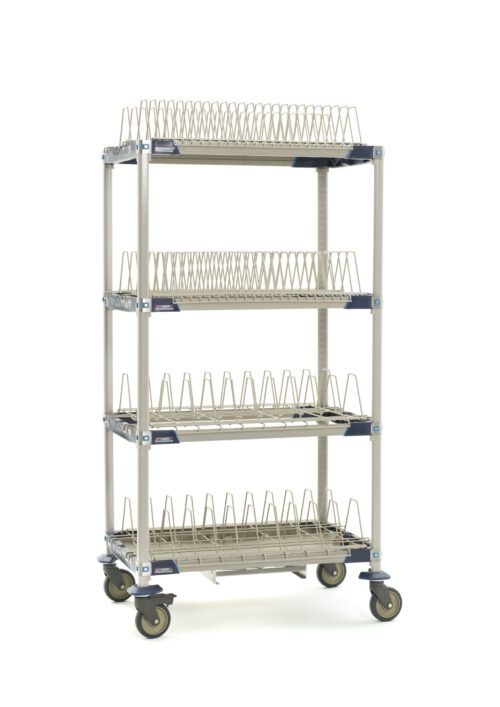 The MetroMax i PR36VX4-XDR Mobile Drying Rack, measuring 26 x 38 x 68, includes two tray racks, two pan racks, and a drip tray. Lightweight and wheeled, its ideal for kitchens or industrial settings.