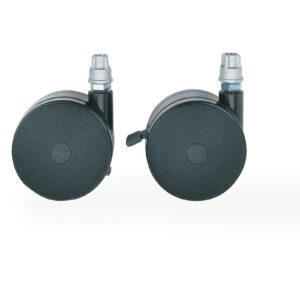 Two black circular swivel wheels with gray metal attachments are shown on a white background, each featuring a side lever. These are Metro HDC3BB 2.5 polymer swivel/brake decorative casters, designed for mobility on Super Erecta industrial wire shelving racks.