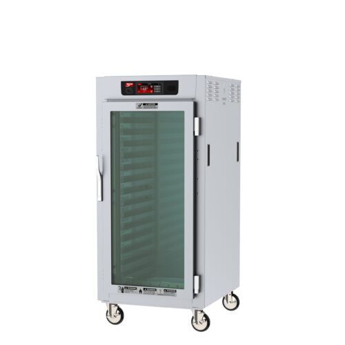 The Metro C587L-SFC-LA C5 8 Series cabinet is a 3/4 height insulated reach-in with a full-length clear door and lip load aluminum slides, designed for commercial kitchens. With its silver frame, digital controls, and 120V compatibility, it offers efficient mobility on wheels.