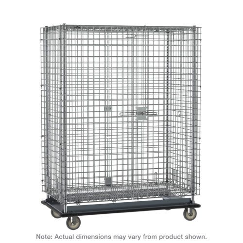 The Metro SEC53LCQ qwikSLOT Heavy-Duty Mobile Security Shelving Unit in chrome is a robust, rectangular cage on wheels. It features a latched door and solid base, easily movable with four caster wheels. Dimensions are 28.0625 x 38.5 x 68.4375, subject to slight variation.