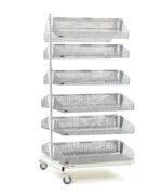 The Metro QB236-M12A qwikSIGHT Mobile Double-Sided 12-Basket Shelving Add-On Unit, 36 L, features a white background design with six gray metal mesh baskets stacked vertically on a single pole. The tall, wheeled rack is ideal for organizing various items.