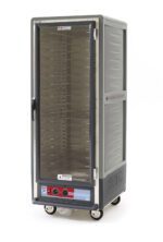 Introducing the Metro C539-HXFC-U-GYA C5 3 Series Insulated Holding Cabinet: a full-height, stainless steel unit with a clear door and universal wire slides. With four caster wheels, it features blue and red control panels at the bottom. Its powered by 220-240V and offers 1681-2000W of sleek storage efficiency.