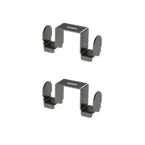 The Metro LSH2 SmartLever Double Leg Hook Kit includes two matching metal brackets with square tops and rounded sides, designed vertically. With a sleek metallic finish, they are ideal for securely mounting or holding objects.