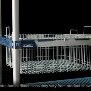 A Metro MB2422XE Wire Basket is attached to shelving with a blue MAXXT bracket against a black background, displaying its 24 x 22 dimensions. Note: Actual dimensions may vary.