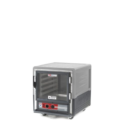 The Metro C533-HXFC-L-GY C5 3 Series Insulated Holding Cabinet features a full-length clear door and gray exterior. It includes a bottom control panel with red accents, operates at 220-240V, and offers efficient warming in a compact, undercounter design.