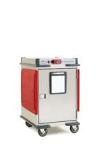 The Metro C5T5-ASFA is a 1/2 height industrial cart with a full-length solid door and fixed lip load slides, featuring top panel control dials, four wheels for mobility, and is designed for efficient food transport/warming at 60Hz compatibility.