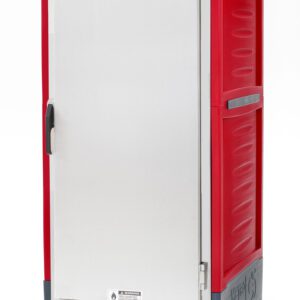The Metro C539-CLFS-U C5 3 Series insulated cabinet, with universal wire slides and full-length solid door, features a sleek matte finish and a stainless steel control panel with knobs and switches, atop four smooth-rolling wheels.