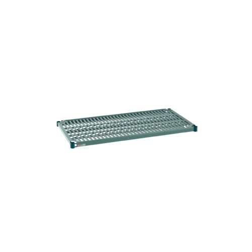 cdp2f9utrvlu8jp5ifjam6skmxv0oqbn.jpg A rectangular metal grating platform, akin to the Metro Super Erecta Pro PR2142NK3 Industrial Wire Restaurant Shelf with a removable plastic mat (21 x 42), features evenly spaced cutouts and raised edges for support, isolated against a white background.