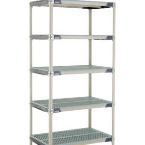 Introducing the MetroMax i 5X537GX3, a sleek light gray shelving unit with dark gray corner accents. It features five perforated plastic shelves and measures 24 x 36 x 74, supported by four adjustable legs for stability.