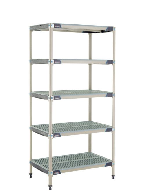 Introducing the MetroMax i 5X537GX3, a sleek light gray shelving unit with dark gray corner accents. It features five perforated plastic shelves and measures 24 x 36 x 74, supported by four adjustable legs for stability.