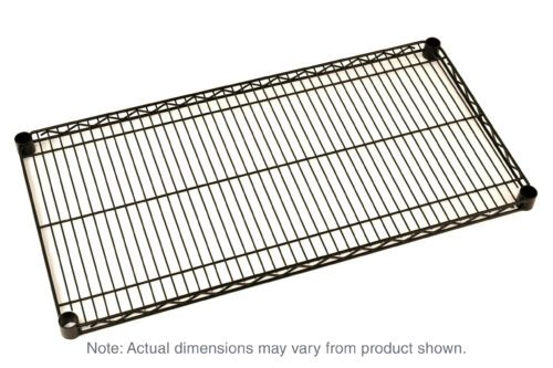 The Metro Super Erecta 1442NBL Industrial Wire Shelf, Black, 14 x 42, features a sleek rectangular design with evenly spaced wires and is supported by four round end caps. It fits perfectly in any space. Note: Actual dimensions may vary from product shown.