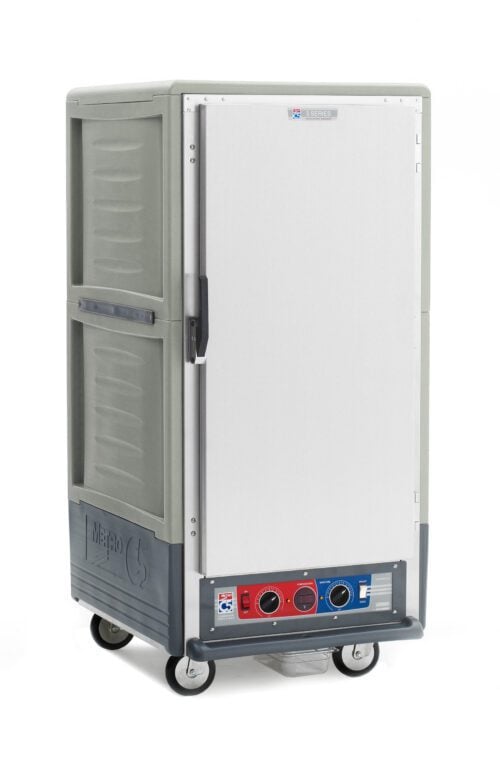 cf7qbj9r5bhx3ueep5r0aq4xuoaib7nz.jpg The Metro C537-CLFS-L-GY C5 3 Series is a gray, 3/4 height insulated cabinet with Lip Load Aluminum Slides, full-length solid door, handle, and control panel operating at 120V, 60Hz. It features wheels for mobility and a textured side with a sleek front.