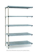 The MetroMax Q 5AQ317G3 is an 18 x 24 x 74 five-tier plastic industrial shelving unit with perforated blue shelves and a metallic gray frame against a white background. Note: Actual dimensions may vary.