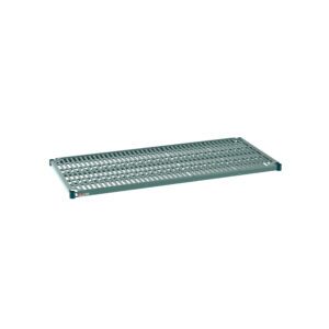 The Metro Super Erecta Pro PR2454NK3, a 24 x 54 industrial wire restaurant shelf with a removable plastic mat, has a green rectangular metal grid for ventilation and support. Its sturdy design appears flat on an invisible surface against a white background.
