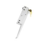 The Metro C5-LATCHLOCK Key Locking Door Latch Upgrade for C5 9, 8, and 6 Series Cabinets features a silver rectangular lock with a lever handle, keyhole, and brass key. Its ribbed texture is diagonally set against a plain white background, creating an eye-catching door accessory.