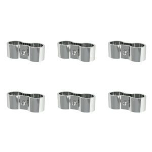 A pack of six Metro SAPC Seismic Post Clamps, with a silver metallic finish and a rounded double loop design featuring a circular indentation, is evenly spaced in two rows on a white background, designed for secure and stable connections.