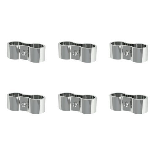 A pack of six Metro SAPC Seismic Post Clamps, with a silver metallic finish and a rounded double loop design featuring a circular indentation, is evenly spaced in two rows on a white background, designed for secure and stable connections.