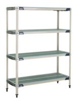 The MetroMax i X356GX3 Shelving Unit, measuring 18 x 48 x 63, includes four adjustable perforated turquoise shelves and a sturdy silver frame with robust legs, making it ideal for versatile storage needs.