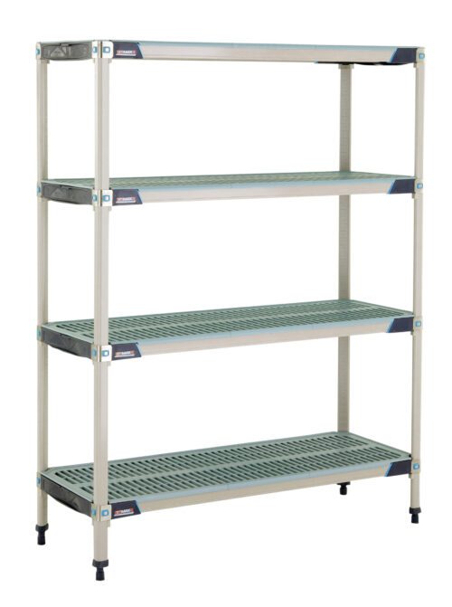 The MetroMax i X356GX3 Shelving Unit, measuring 18 x 48 x 63, includes four adjustable perforated turquoise shelves and a sturdy silver frame with robust legs, making it ideal for versatile storage needs.