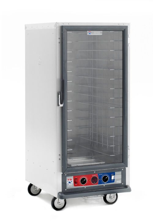 cj7b86u1ks7rey6ezhncpxbd7aneng6o.jpg The Metro C517-CXFC-4 C5 1 Series 3/4 Height Holding/Proofing Cabinet features stainless steel construction with a transparent door, fixed wire slides, and four wheels for mobility. It operates at 220-240V and 1681-2000W with a bottom control panel for 50/60Hz frequency settings.